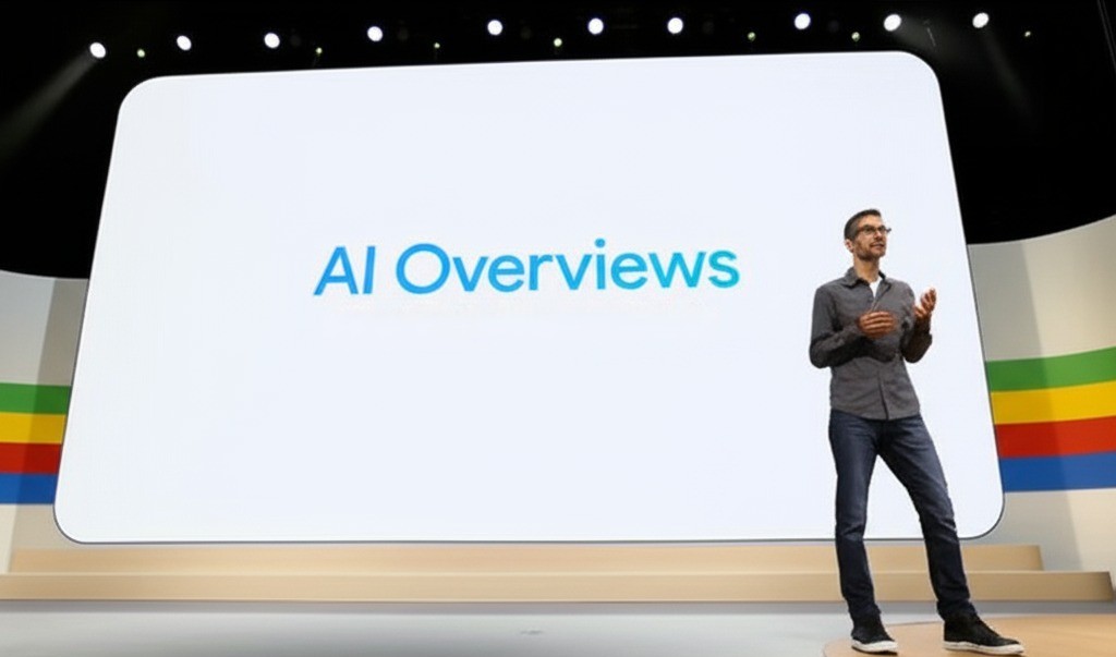 Speaker presenting AI Overviews feature on stage with large white screen display and colorful striped backdrop at technology conference