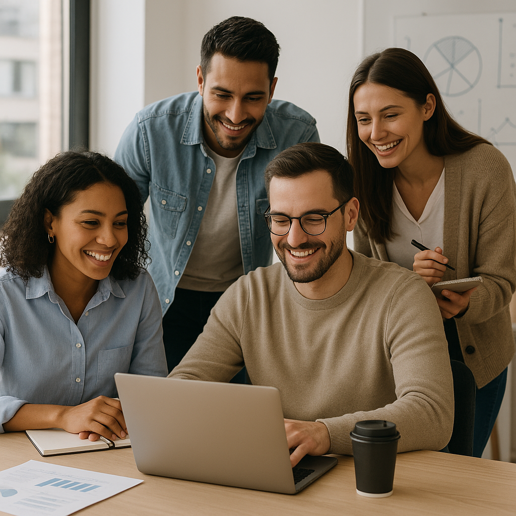 Happy diverse team of four professionals gathered around a laptop in a bright coworking space, sharing a moment of success while reviewing business charts and data, exemplifying the positive community spirit and collaborative energy that drives Morocco's coworking movement