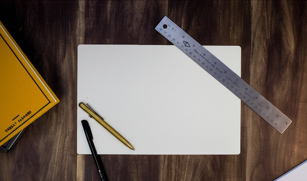 Clean workspace setup with blank white paper, design ruler, golden pen, and yellow notebook on wooden surface, representing the creative planning and design-thinking approach that characterizes Morocco's innovative coworking spaces where ideas are born and business strategies are developed