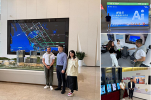 A collage of five photos showing a visit to AI innovation centers in China, including interactions with local tech experts, digital infrastructure displays, and AI demonstrations across various modern workspaces and labs.