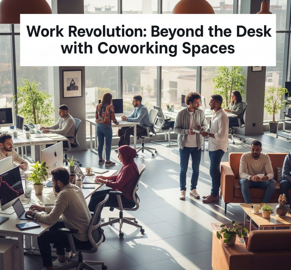 Diverse professionals collaborating in a modern Moroccan coworking space with natural lighting, open layout design, ergonomic workstations, and indoor plants, showcasing the dynamic community-driven work environment that's transforming Morocco's business culture