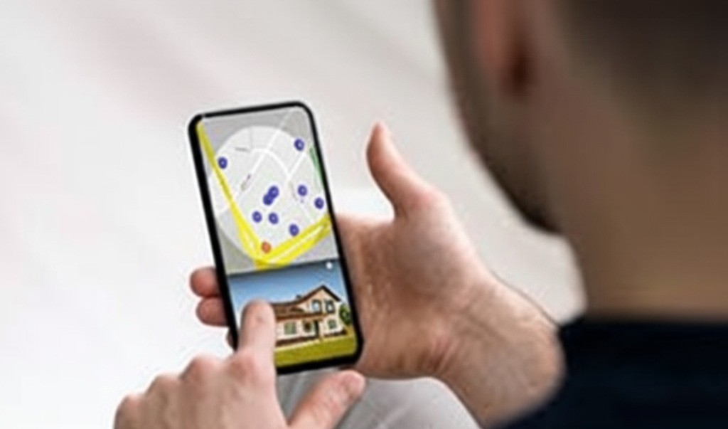 Hands holding smartphone displaying map application with location pins and navigation interface, person using mobile GPS mapping service