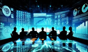 Executive team meeting in an advanced digital command center with holographic data displays, interactive screens showing analytics and global connectivity, representing the cutting-edge technology infrastructure that modern Moroccan coworking spaces are integrating to support data-driven business decisions