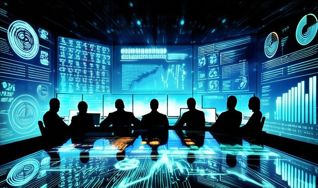 Executive team meeting in an advanced digital command center with holographic data displays, interactive screens showing analytics and global connectivity, representing the cutting-edge technology infrastructure that modern Moroccan coworking spaces are integrating to support data-driven business decisions