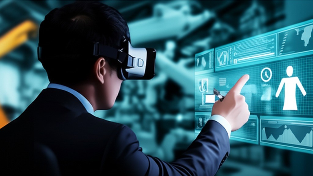 Professional using VR headset and interacting with holographic digital interface displaying data analytics and charts, representing the cutting-edge technology integration that's positioning Morocco's coworking spaces at the forefront of digital innovation and future work trends