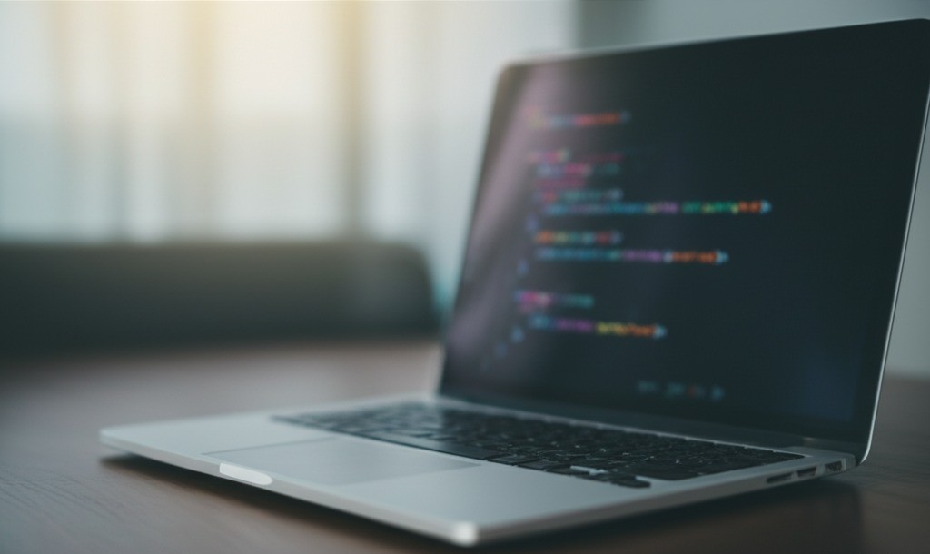 Laptop displaying colorful programming code on screen in a modern workspace setting, representing the tech innovation and digital entrepreneurship flourishing within Morocco's growing coworking space ecosystem