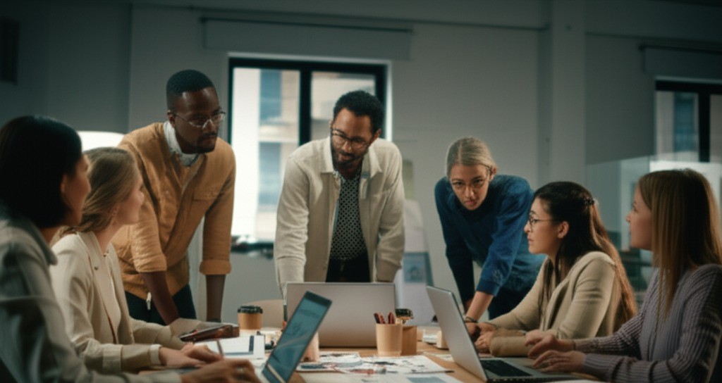 Diverse team of professionals collaborating around a conference table in a modern coworking space with laptops, documents, and coffee cups, demonstrating the inclusive and dynamic teamwork environment that characterizes Morocco's evolving collaborative workspace culture