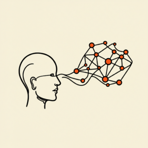 An abstract line drawing of a human head, representing an architect, with a complex neural network symbolizing AI orchestration emerging from the eyes.