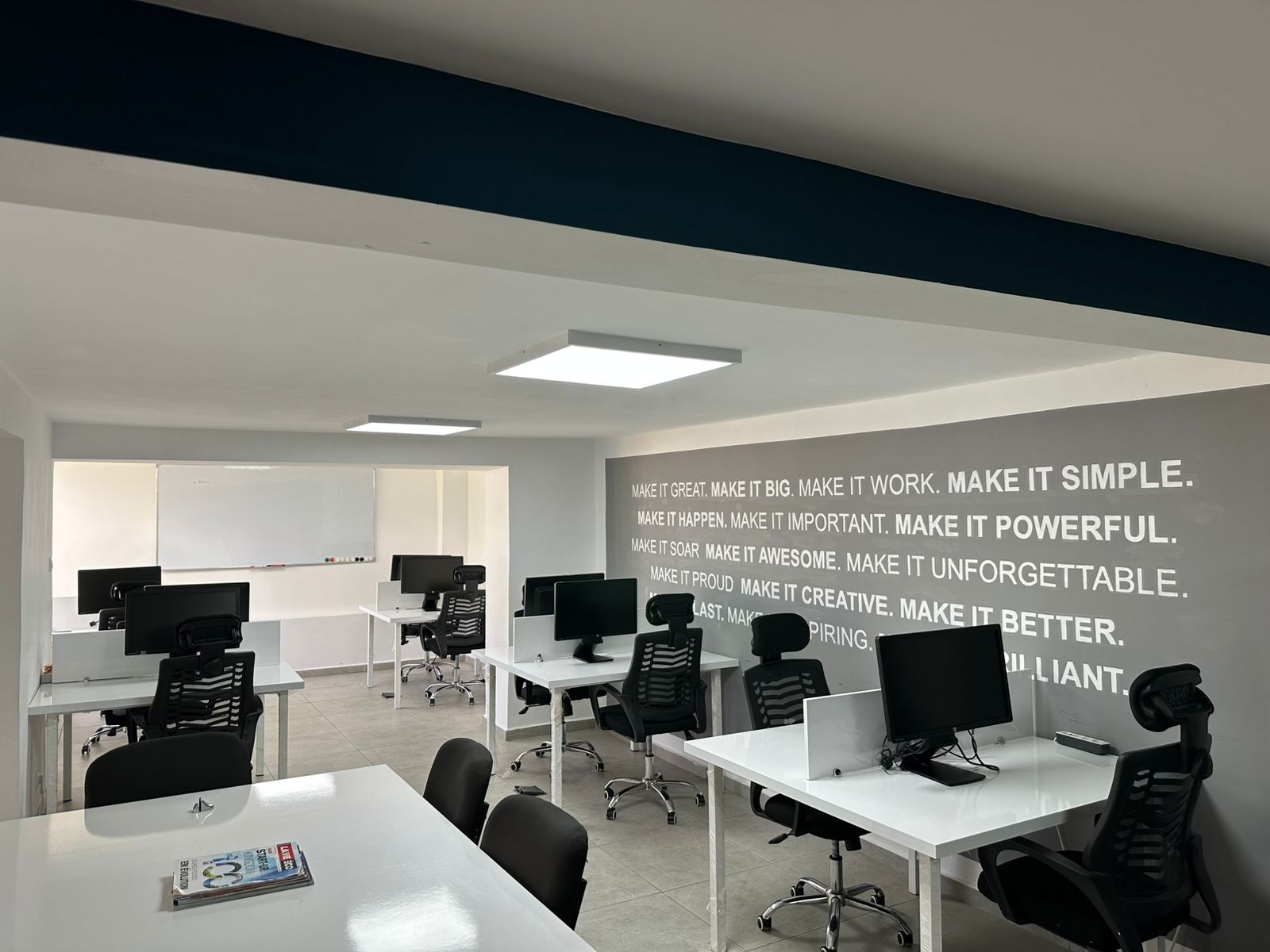 Brightly lit workstations with comfortable chairs