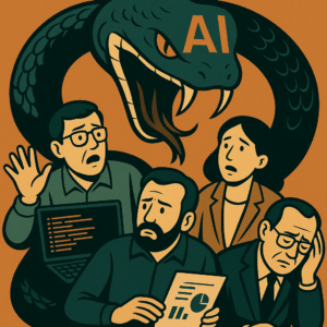 An illustration depicts a large, dark green snake with the letters "AI" on its head, looming over a group of four people. The people look shocked and concerned. One man holds a laptop with code on the screen, another holds a clipboard with a graph, a woman looks on in distress, and a fourth man has his hand to his head, appearing stressed. The background is a solid, earthy orange.