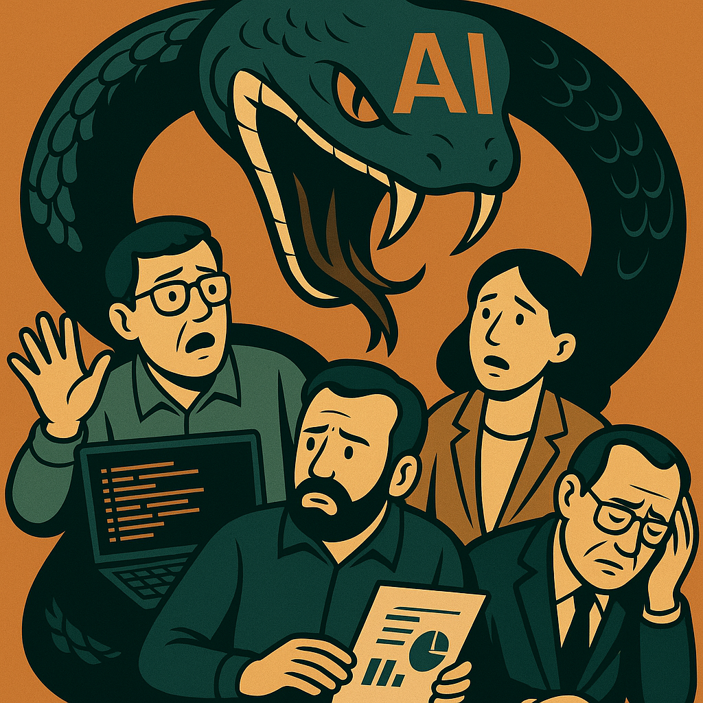 An illustration depicts a large, dark green snake with the letters "AI" on its head, looming over a group of four people. The people look shocked and concerned. One man holds a laptop with code on the screen, another holds a clipboard with a graph, a woman looks on in distress, and a fourth man has his hand to his head, appearing stressed. The background is a solid, earthy orange.